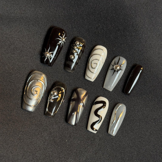 Black Gothic Chrome Coffin Nails Swirl Shape Abstract Handpainted Press-on Nail Set Dynamic Black, Silver White Pattern for Sophisticate
