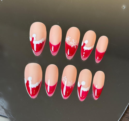 Christmas Red Nails Santa Hat Press-on Nails for Holiday Festive Playful French Tips Design Nail Art for Cheerful Holiday Celebrations