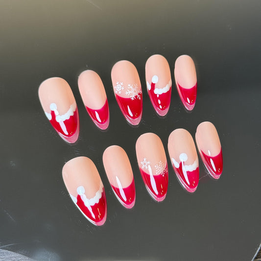 Christmas Red Nails Santa Hat Press-on Nails for Holiday Festive Playful French Tips Design Nail Art for Cheerful Holiday Celebrations