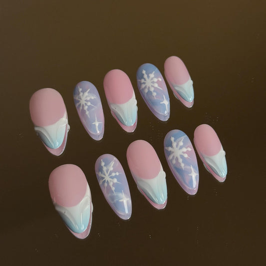 Icy Blue Handmade Snowflake Winter Design Almond Pastel Elegant Shimmering Design with Frosty Vibe Snowman Blue Abstract Presson Nails