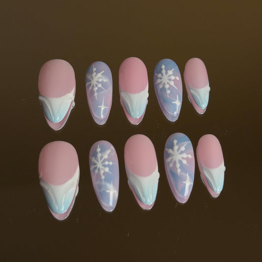 Icy Blue Handmade Snowflake Winter Design Almond Pastel Elegant Shimmering Design with Frosty Vibe Snowman Blue Abstract Presson Nails