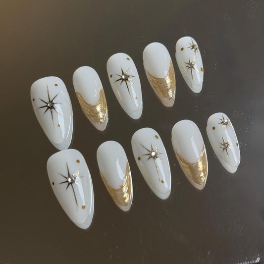 Golden Stunning Press-on Nail Celestial Starry Set with Gild Accent Almond French Tip Intricate design Perfect for Everyday Wear