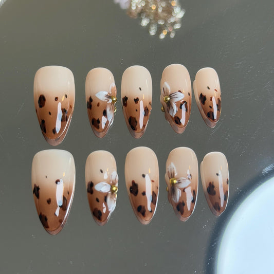 Handpainted Leopard Print Ombre 3D Floral Print Almond Press-on Nails Brown Leather Presson Blend with Natural Look Earthy Tone Gradient