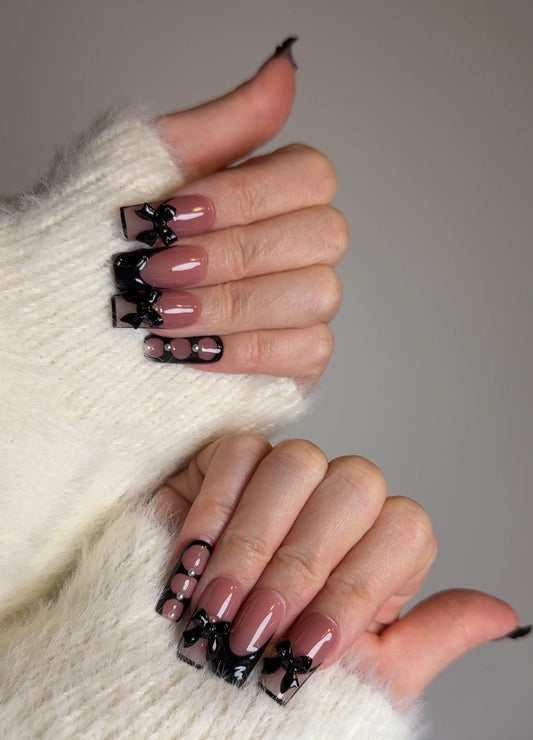 Black Bow Elegant Square Tip Nails Press on Chic Cute Black French Tips Handmade Press on set Medium Square Length Bow-itful Nude and Black