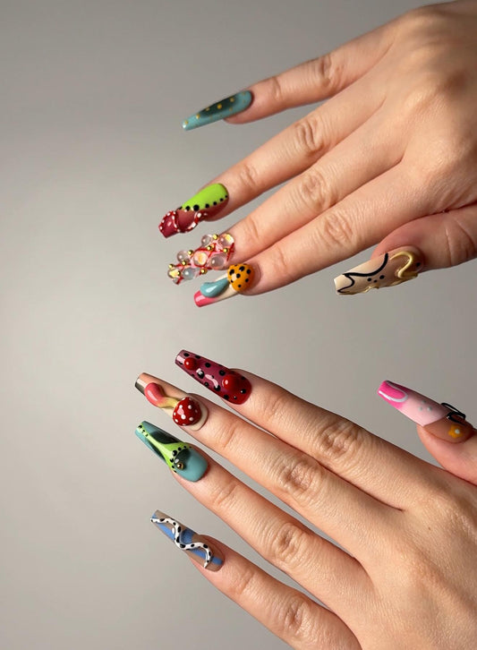 Funky Mushroom Design Long Coffin Press On set Playful Fun colorful design Fungus 3D Handmade Gel Press On Nail For Stylish Look and Special