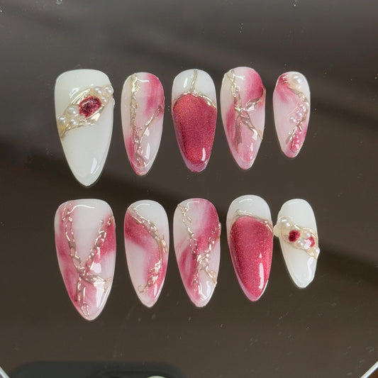 Rose Quartz Romantic Press-on Set Rosy Red Marble Effect Glitter Almond Shape Handmade Nails Golden Chain Embellishment