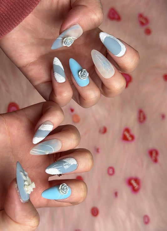 Soft Blue Dreamy Valentines Day Press-on Set with Roses, Bow and Floral Design, Romantic Cute Blue Lace Work 3D Sculpting Nails