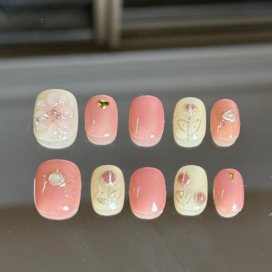 Short Round Soft Pink Valentine’s Day Press-on Set with Roses Painted and Gold Accents Embellished Elegant Handmade Nail Set Featuring 3D
