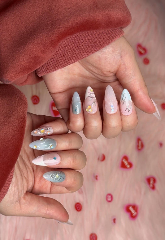 Soft Pink Blue and Pink Dreamy Spring Day Butterflies Painting Press-on Set Light Blue Romantic Pearl Embellishment Gems Silver Accents