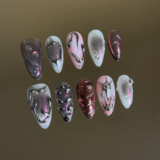 Magenta Pink Chrome Almond Press-on Nail with 3D Silver Accents Cool Bold Statement Nails with Abstract Painting Metallic Nails