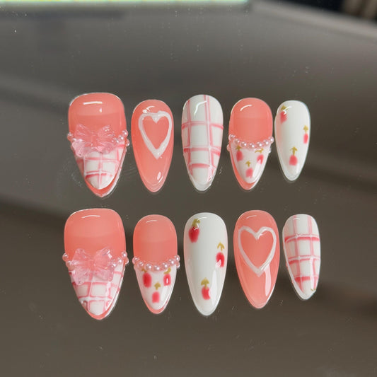Cute Spring Sweet Bow Floral Pattern Almond Press-on Set Featuring Heart Checkers Handpainted Floral Pattern Pearl Pattern