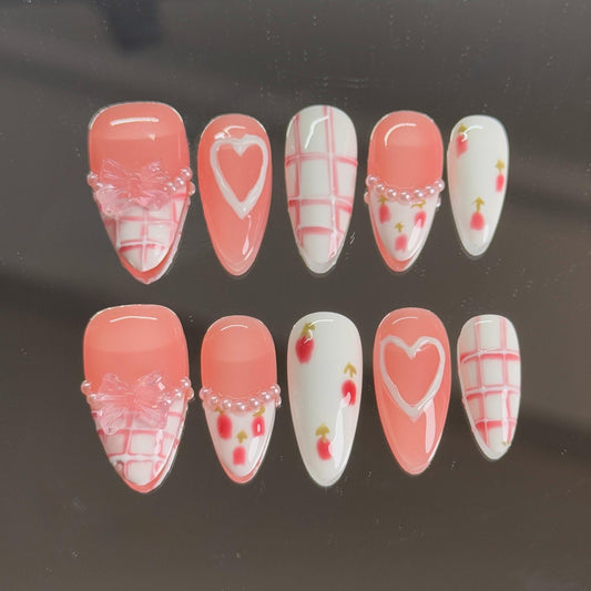Cute Spring Sweet Bow Floral Pattern Almond Press-on Set Featuring Heart Checkers Handpainted Floral Pattern Pearl Pattern