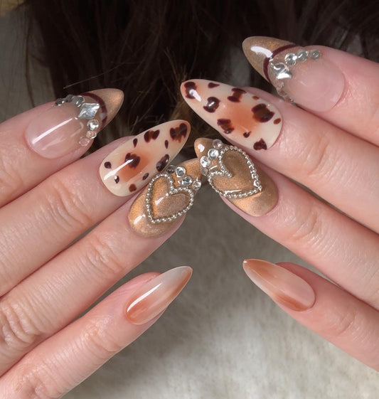 Leopard Heart Handmade Presson Set Cute Ombre Brown and Nude Presson Set with Leopard Print and Diamond Gems perfect for Gifting and Bold