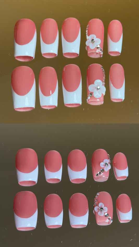 White Square French Tip Nail Press-on Set Medium and Long Square Available with 3D Flower Accents and Gem Stone