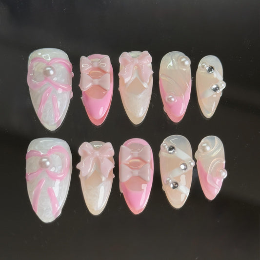 Sweet Bow Cute theme Cute Press-on Set Almond Soft Pink and White Hue Bow and Lace Almond with 3D Charms Accent Ballet Inspired Set