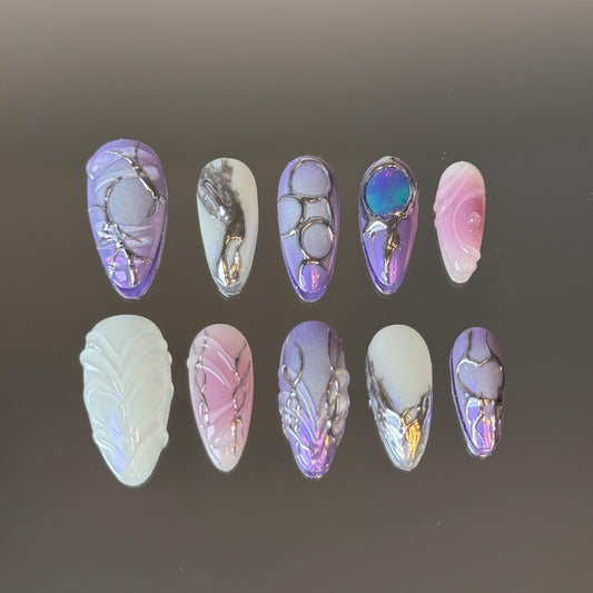 Twilight Violet Swirl Silver Brush Painted Presson Nail Set with 3D Metallic Vibes and Purple Palette Hues Heart Design Stiletto and Almond