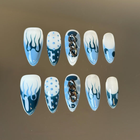 Flames on Blue Icy Press-on Set with Dark Blue and Chain Accents Dotted Almond Shape Handpainted Design for Edgy Look