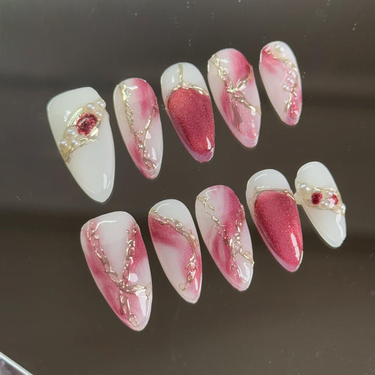 Rose Quartz Romantic Press-on Set Rosy Red Marble Effect Glitter Almond Shape Handmade Nails Golden Chain Embellishment