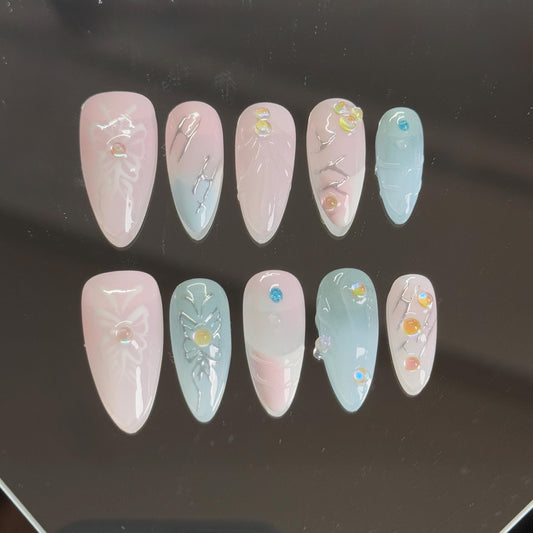 Soft Pink Blue and Pink Dreamy Spring Day Butterflies Painting Press-on Set Light Blue Romantic Pearl Embellishment Gems Silver Accents