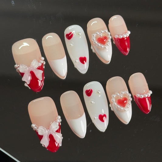 Romantic Sweetheart Pearls Press-on set Featuring Red Hearts French tips Bow Cute Elegant Graceful Almond Shape Perfect Gift