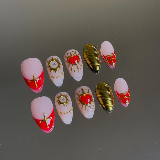 Golden Romantic Charming Press-on Set Short Almond Set with Golden Accents Heart and Cross Chrome Luxury Elegant Style