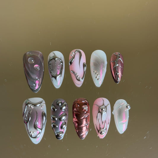 Magenta Pink Chrome Almond Press-on Nail with 3D Silver Accents Cool Bold Statement Nails with Abstract Painting Metallic Nails