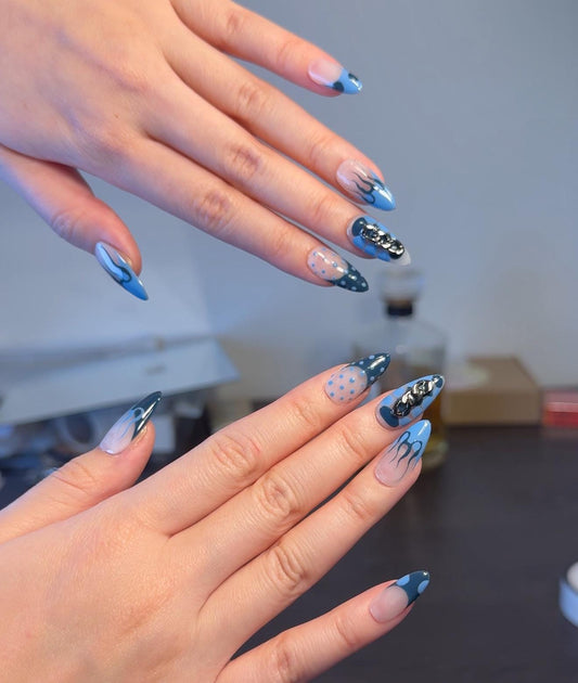 Flames on Blue Icy Press-on Set with Dark Blue and Chain Accents Dotted Almond Shape Handpainted Design for Edgy Look