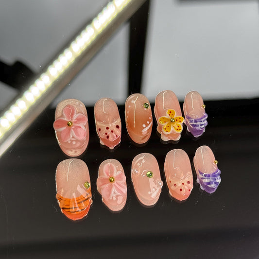 Floral Fantacy Spring Charming Flower Press-on Set Oval Shape Short Nails Soft Girlies Patel Design Delightful Mix Vibrant Colors