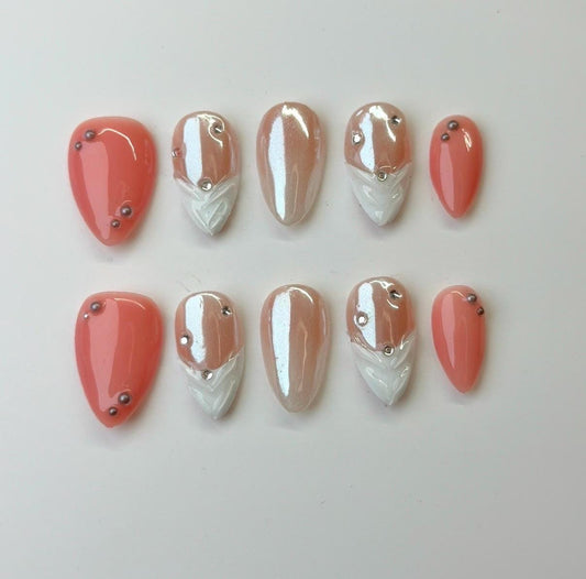 Simple Cute Short Almond Press-on Nail Set Glittering Nail Modern Coral Warm and Soft Tone Spring Elegant Graceful Nail