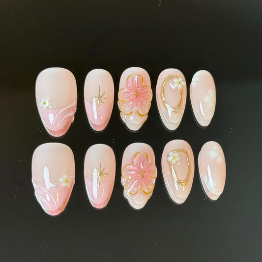 Elegant 3D Floral Soft Pink Short Almond press-on Set Spring Cute Girlie Delicate Petals with Gold Accents Perfect for Bridal Occasions