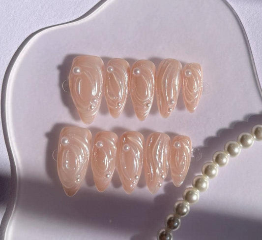 Pearlscent Swirl Coral Based Handmade Presson Nail with Subtle Pearly Sheen and Delicate 3D Swirl Accents Classic Elegant Nail Wear