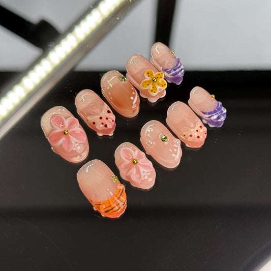 Floral Fantacy Spring Charming Flower Press-on Set Oval Shape Short Nails Soft Girlies Patel Design Delightful Mix Vibrant Colors