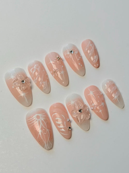 Pink Blush Lovely Spring Press-on Almond Shape Handmade Nails Cute 3D Flowers and Butterfly Bling with Elegant and Graceful Design