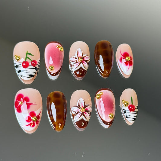 Tropical Festive Floral Presson with Ombré 3D Flower Amber Tortoise Zebra Pattern Stiletto Warm Tone Handmade Press-on Nails with Embellish